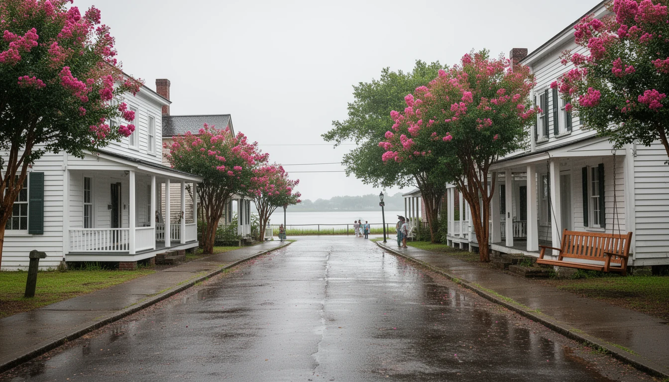 Mill village houses with deep porches along a brick-paved street near the Tar River in Rocky Mount, Nash County