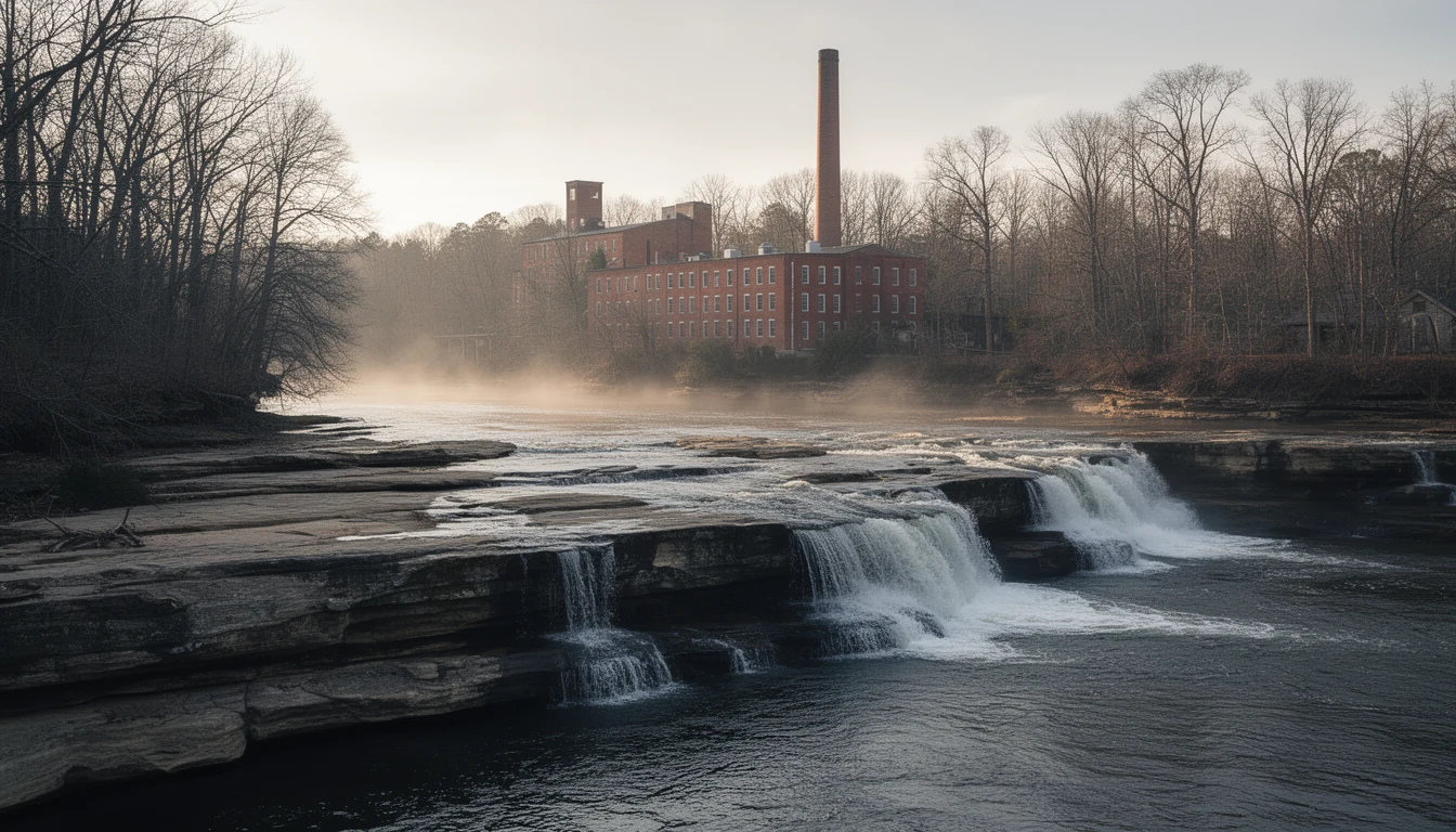 The Tar River running over rock ledges at Rocky Mount with a red brick cotton mill and smokestack on the far bank