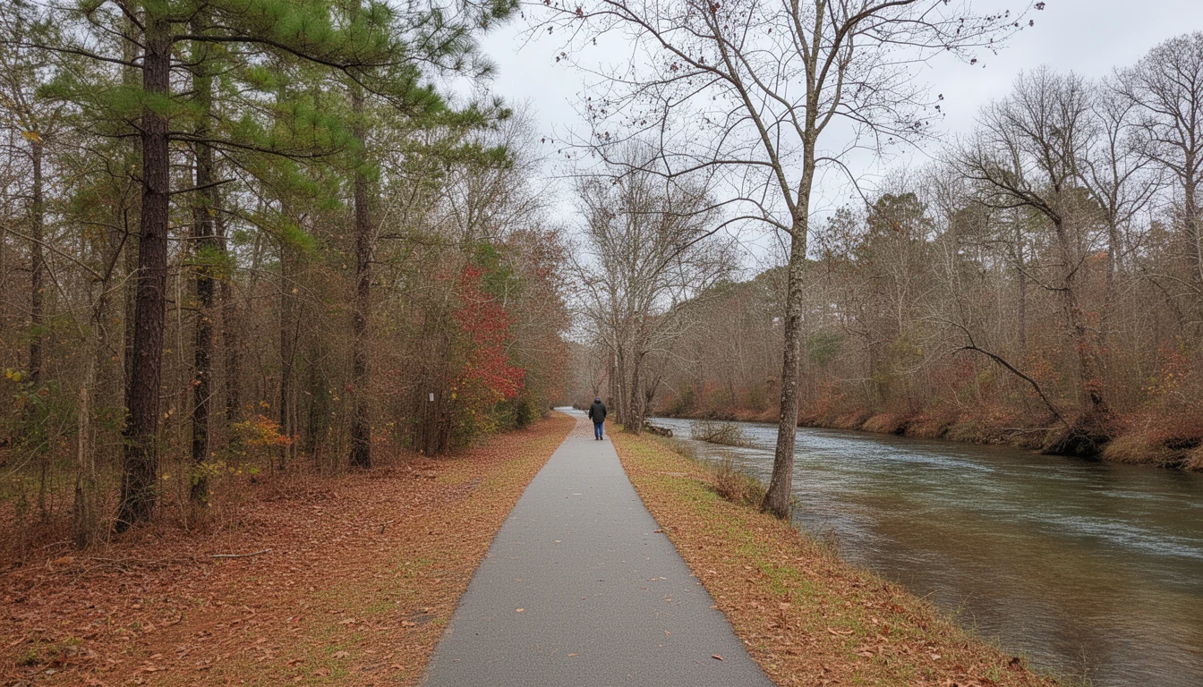 The Tar River greenway at Rocky Mount in October, with the river running low past a wooded bank