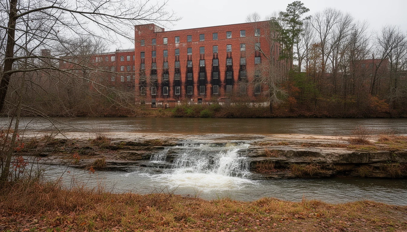The Tar River running low past brick mill buildings on the far bank at Rocky Mount, North Carolina