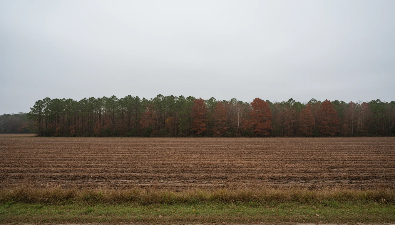 Tilled farmland and a treeline on the flat Nash County plain