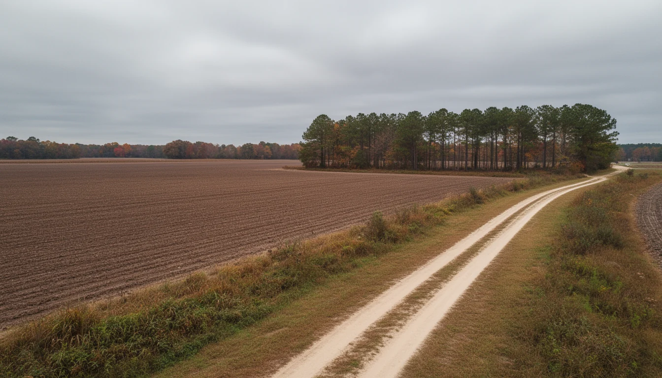 Flat eastern North Carolina farmland under an overcast sky, a dirt farm track curving past tilled brown fields toward a stand of pines