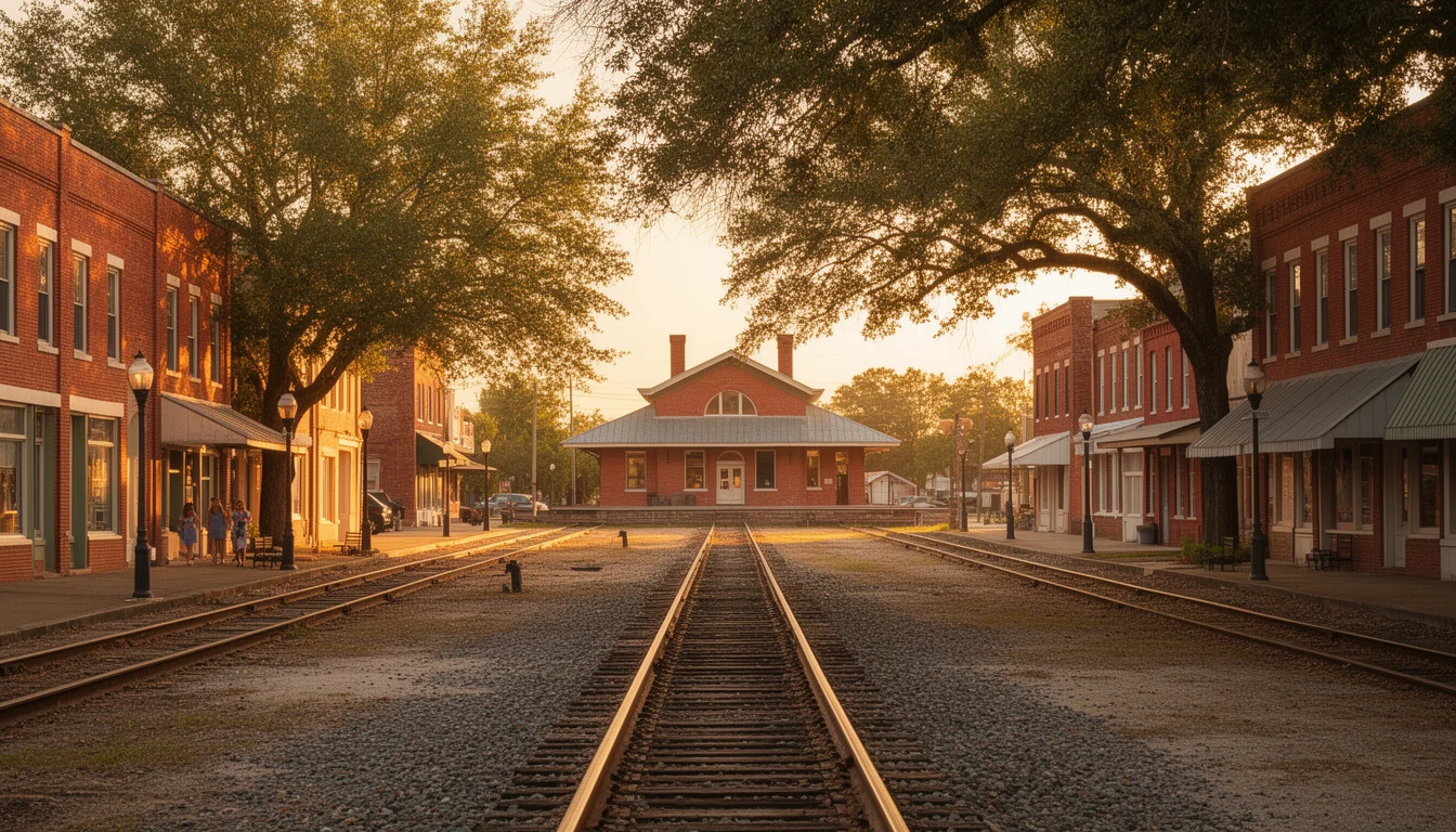 Railroad tracks stretching across Nash County farmland with a red brick mill on the horizon