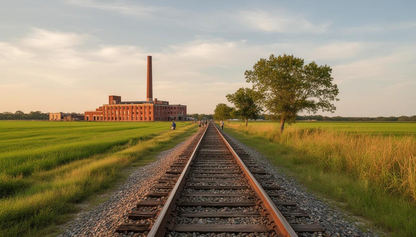 Railroad tracks running through flat Nash County farmland with a red brick mill on the horizon