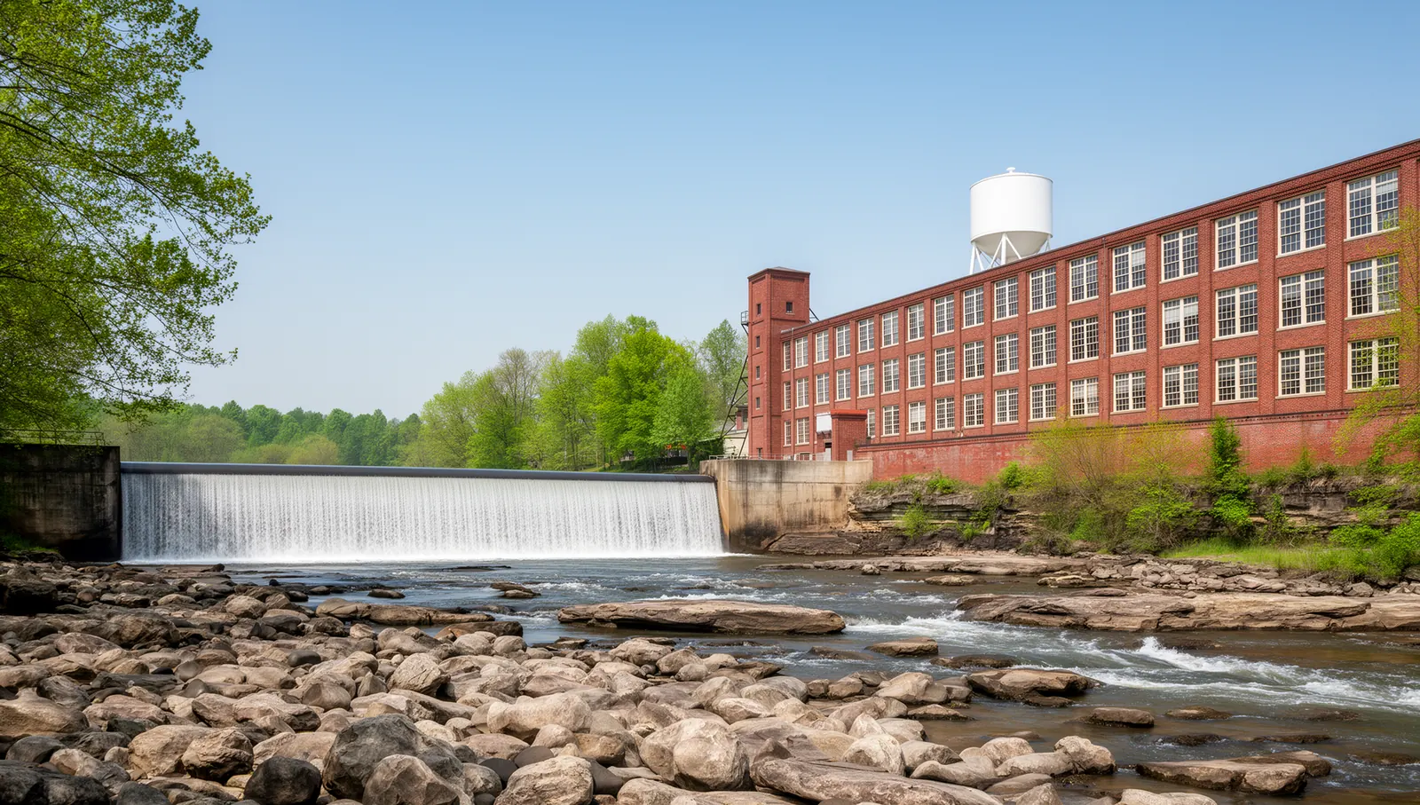 The Tar River falls at Rocky Mount Mills, North Carolina