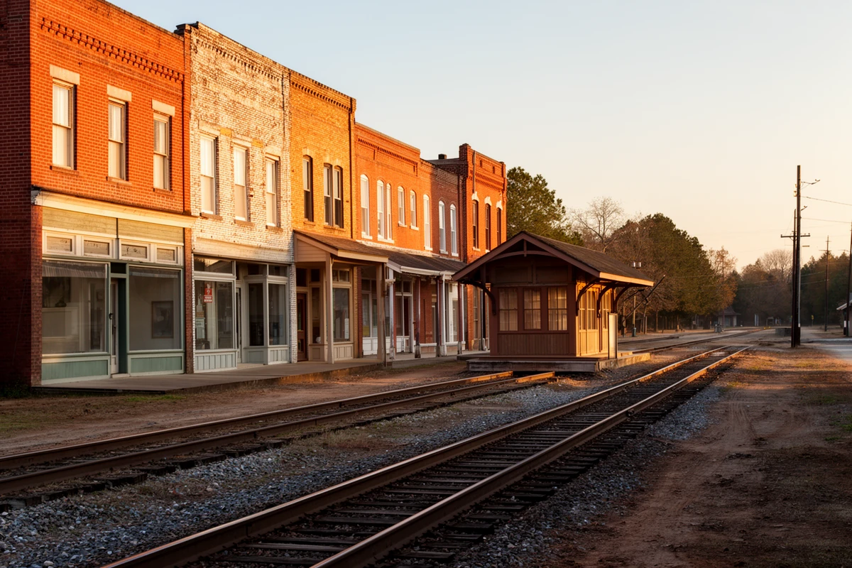 A small-town Main Street built along an old railroad depot line in Nash County, North Carolina