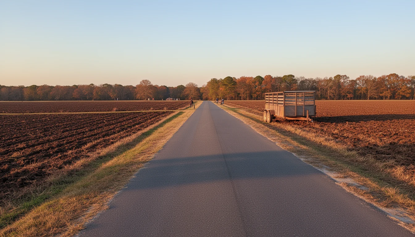 Turned crop rows and a farm trailer at the field edge of a rural two-lane road in Nash County, North Carolina