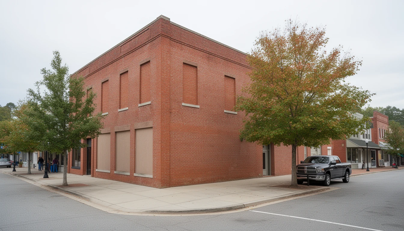 A two-story red brick commercial block on a quiet downtown street in a small inland North Carolina county seat town