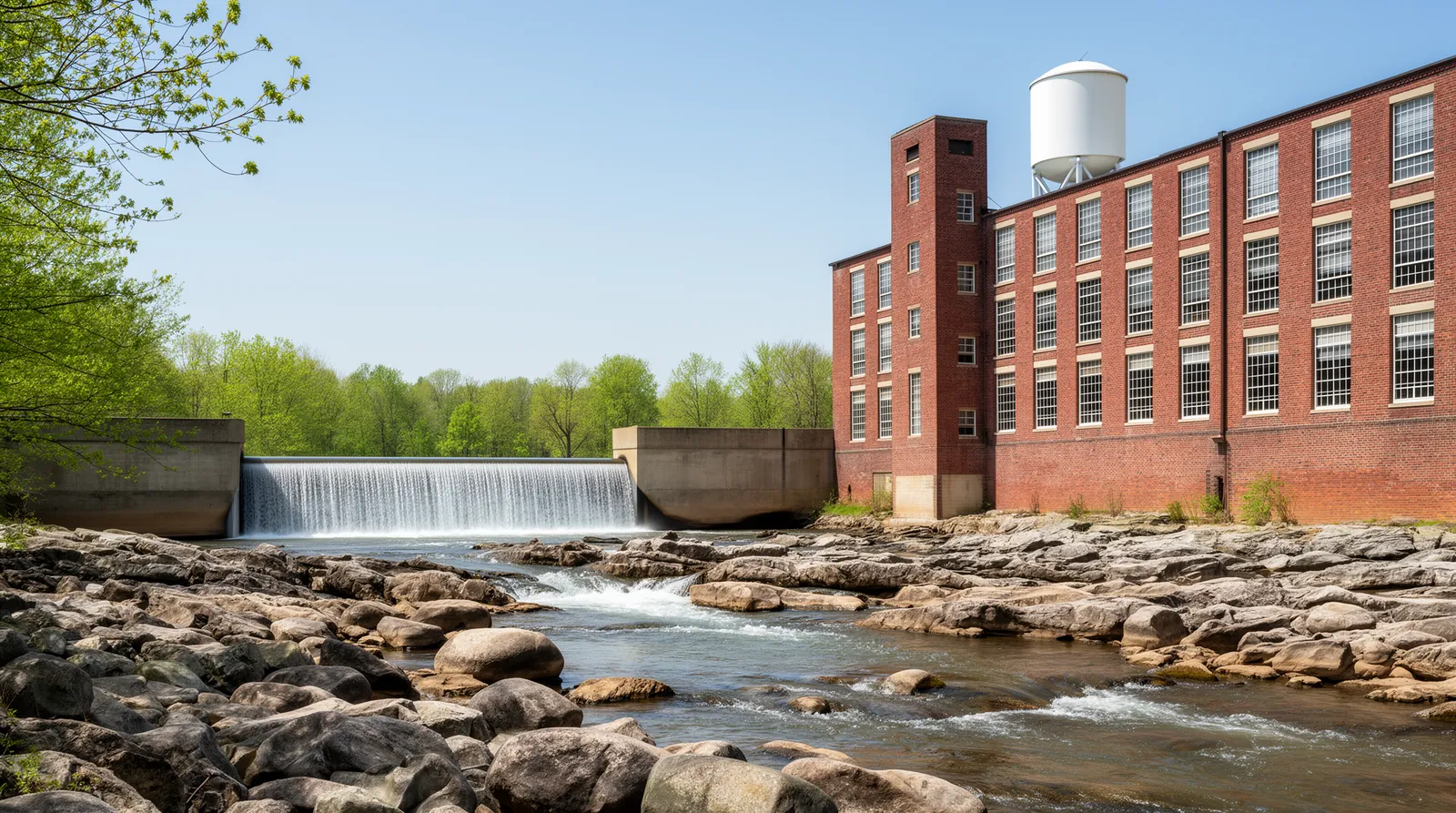 The red-brick Rocky Mount Mills on the Tar River, with water spilling over a low dam onto rocks and rapids