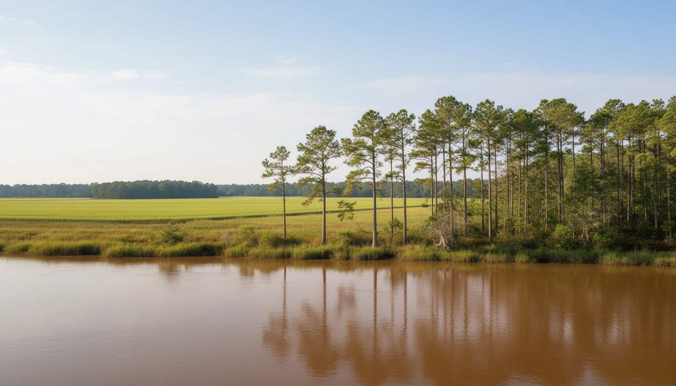 Tar River near Rocky Mount, calm water sliding over gentle falls with tree-lined banks