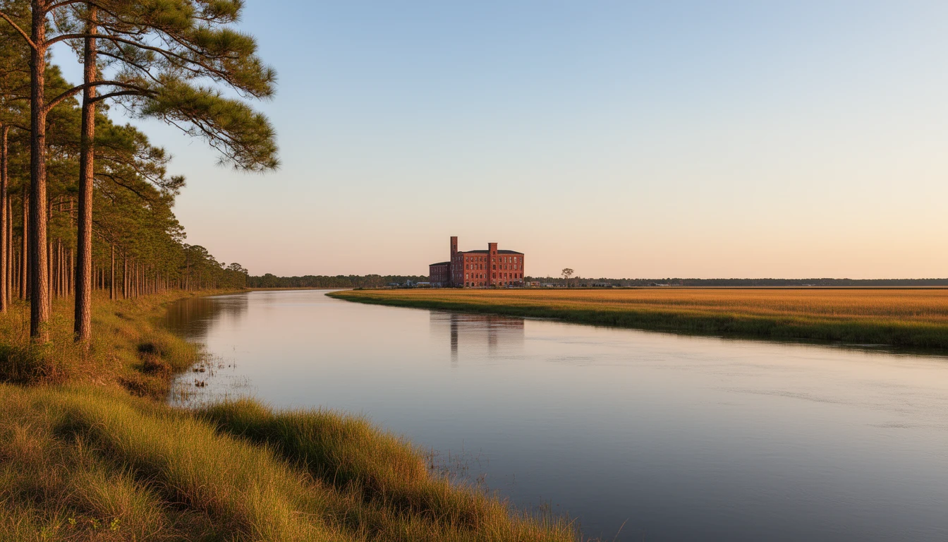 Calm Tar River at golden hour with a red brick mill on the far bank in Nash County