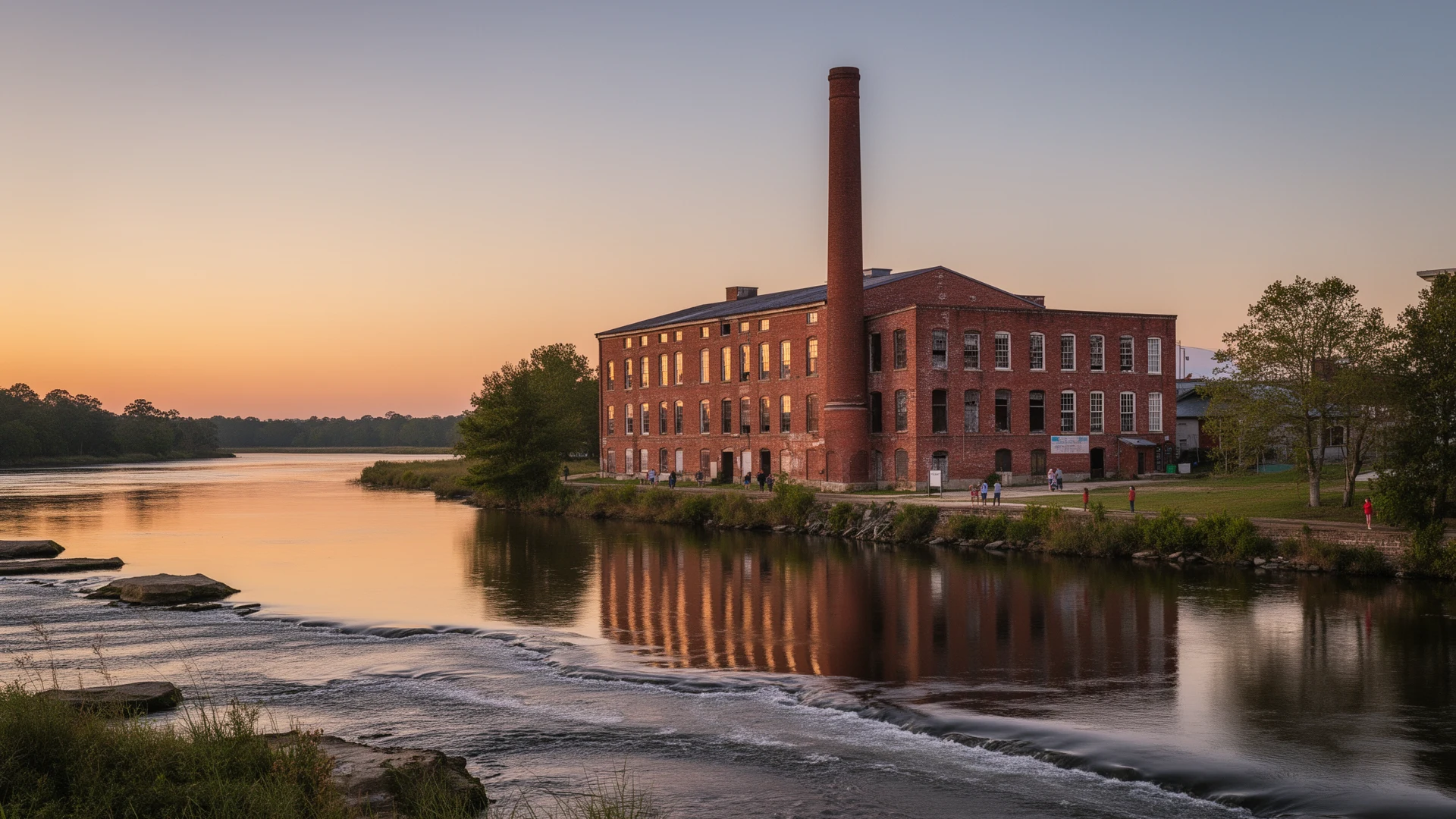 The Tar River at dusk in Rocky Mount with an old red brick cotton mill and smokestack on the bank