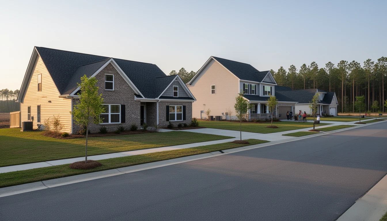 Finished new construction homes on a new subdivision street in Nash County, with fresh sod and a pine tree line on the horizon