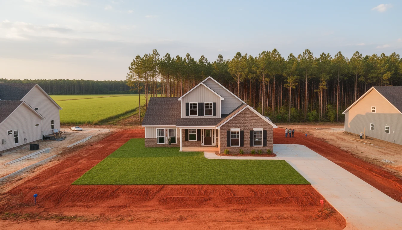 New construction home on a graded lot in Nash County with fresh sod and a pine tree line at the back of the property