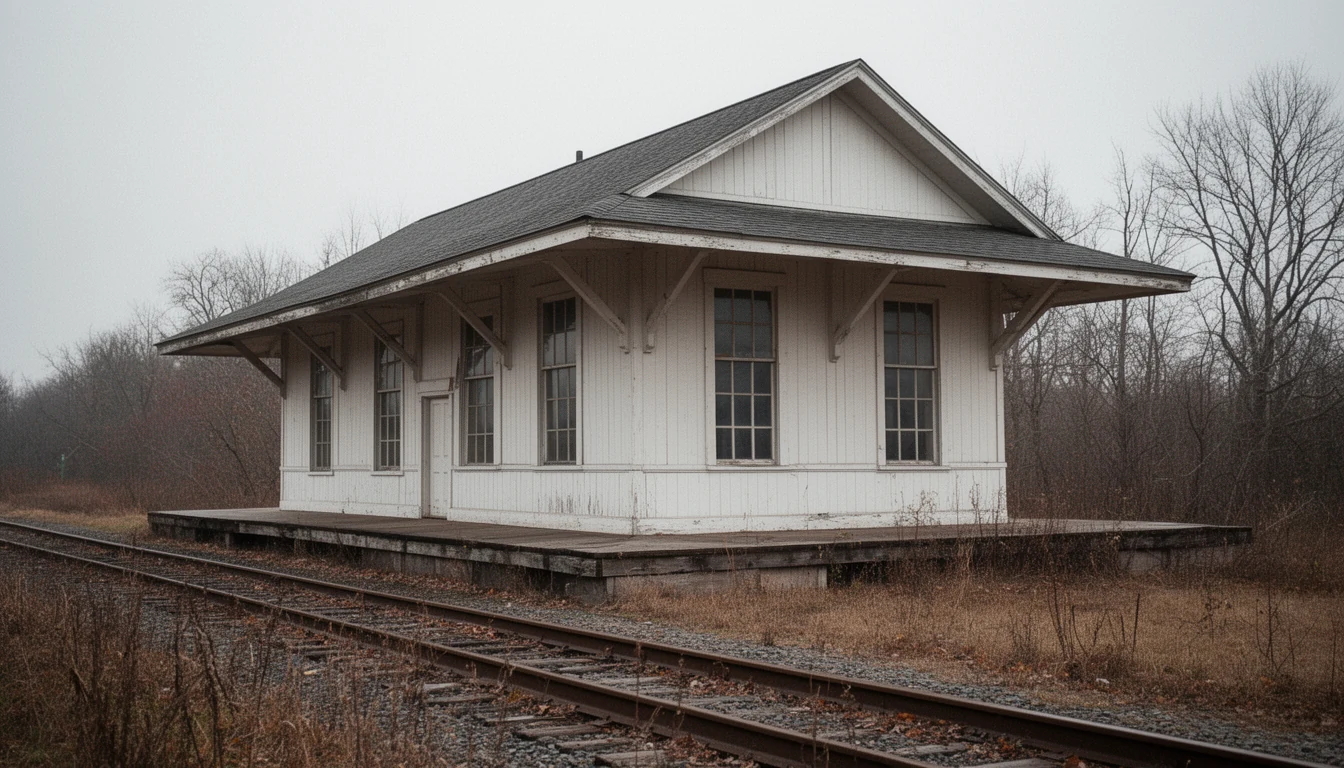 A board-and-batten railroad depot beside an old single track in Nash County, North Carolina