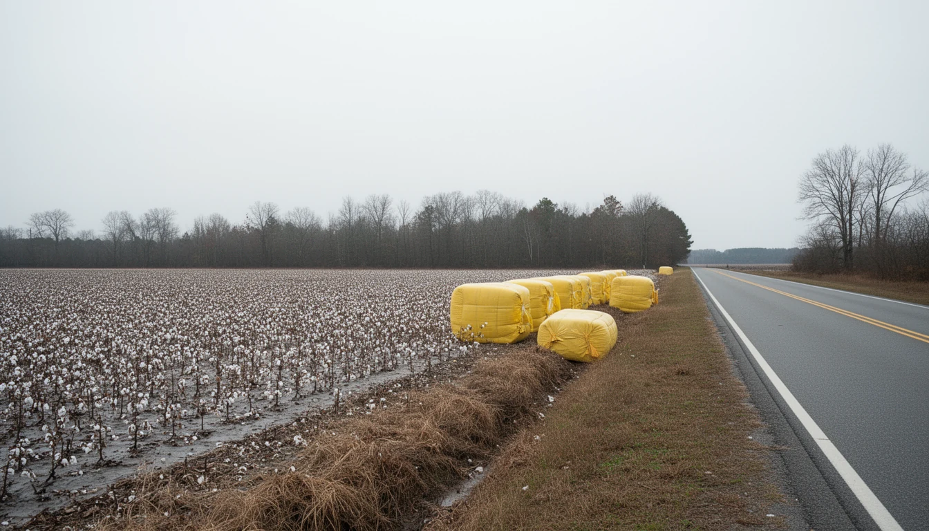 Cotton modules wrapped in yellow plastic at the edge of a harvested field along a two-lane road in Nash County, North Carolina