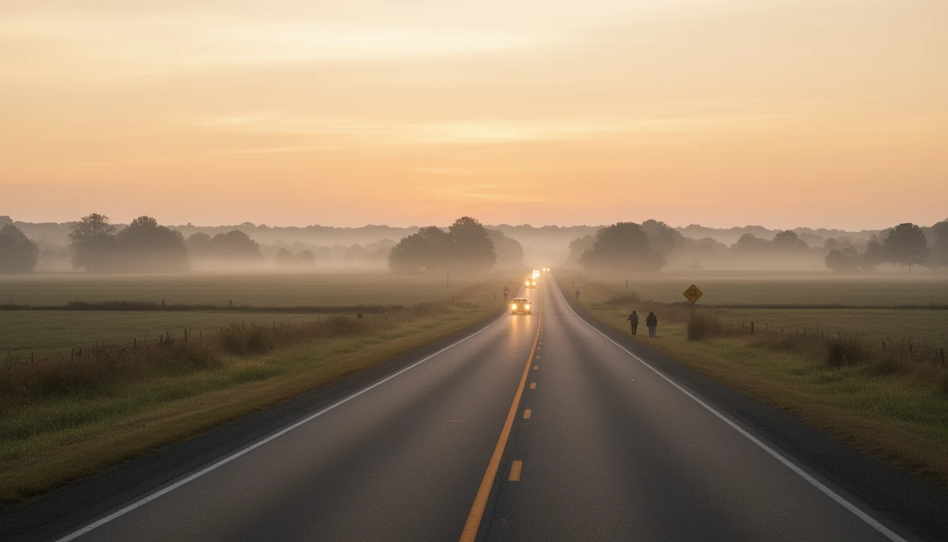Morning traffic on US-301 through flat Nash County farmland at dawn
