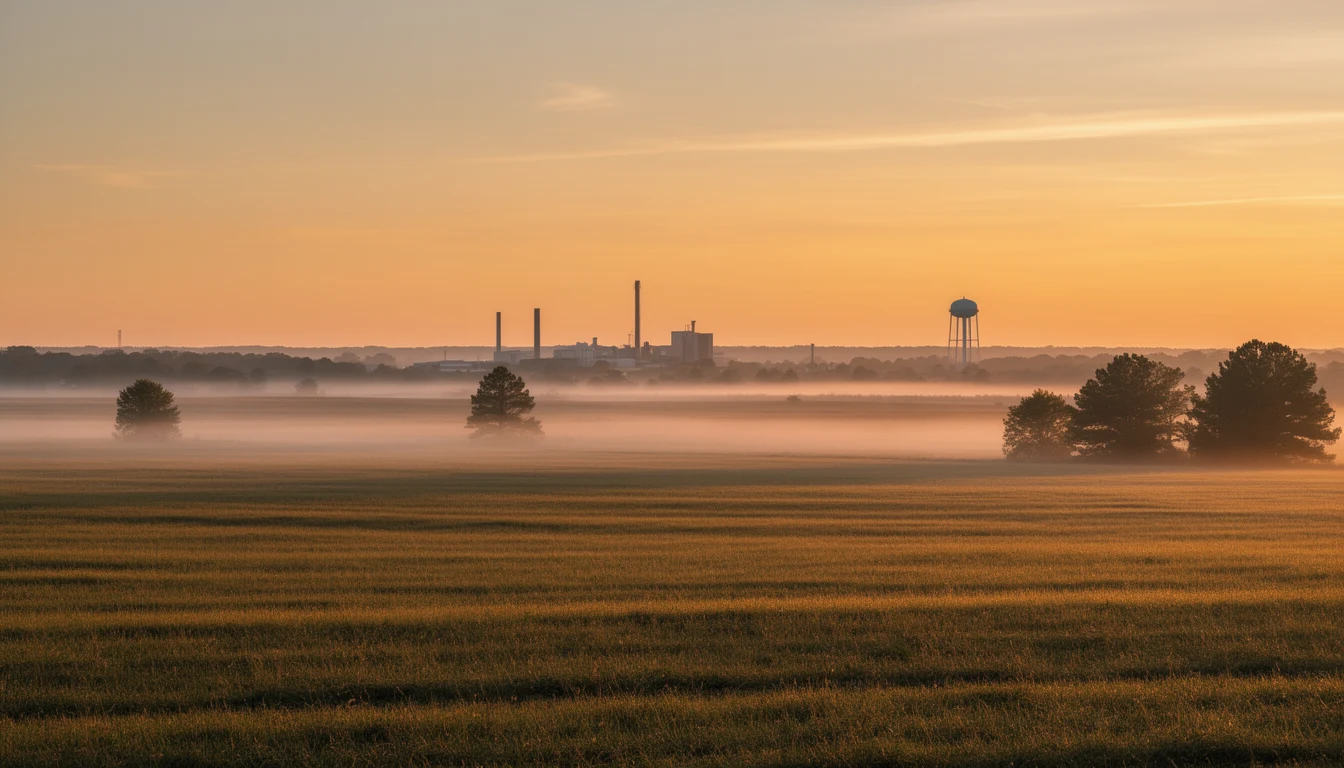 Flat Nash County farmland at dawn with a distant industrial campus silhouetted on the horizon